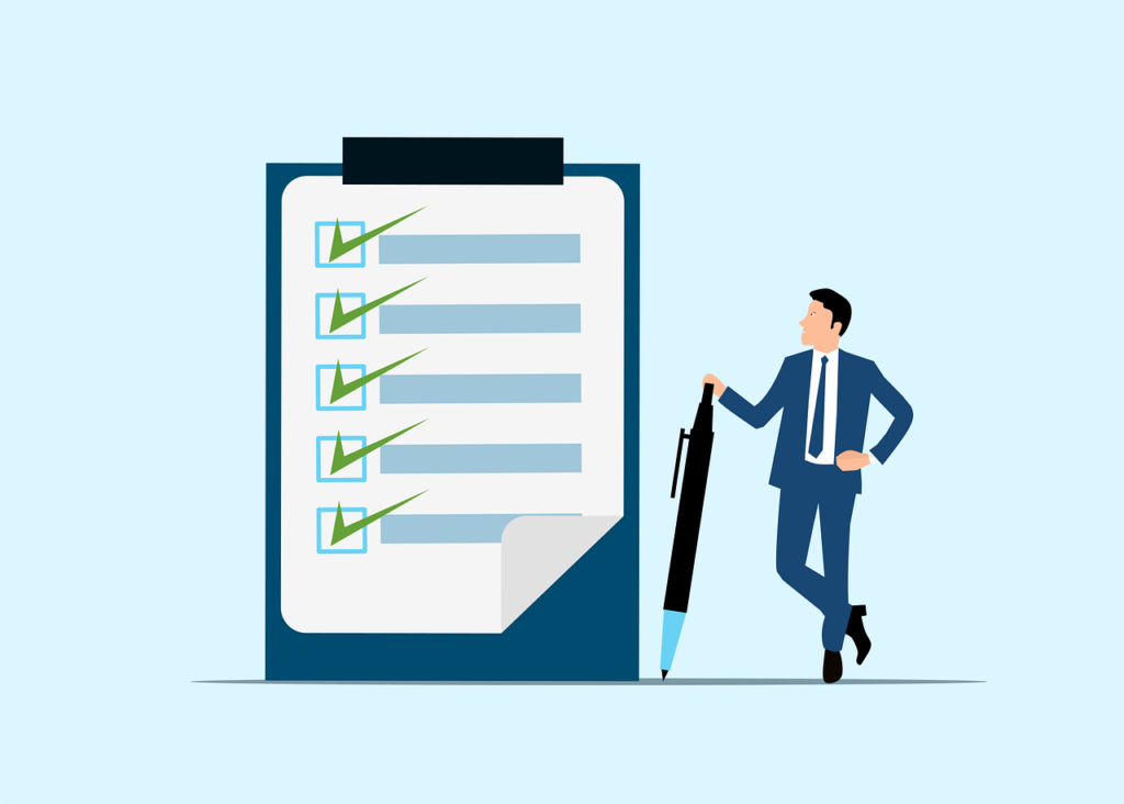 A man standing with luggage, reading a checklist book, symbolizing organized travel preparation. The image highlights the importance of a pre-trip checklist and budget planning.